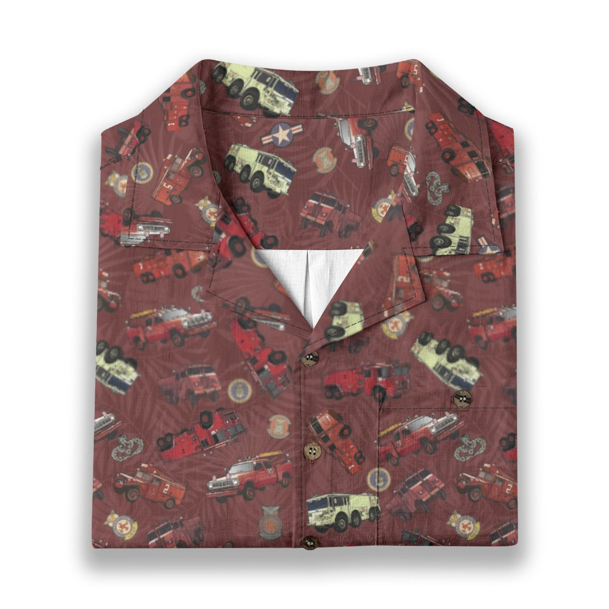 Hawaiian Shirt - "Vietnam Era Crash Trucks" - Red 100% Cotton
