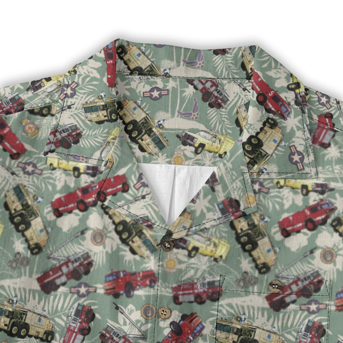 Hawaiian Shirt - "Chanute Era Crash Trucks" - Light Green 100% Cotton