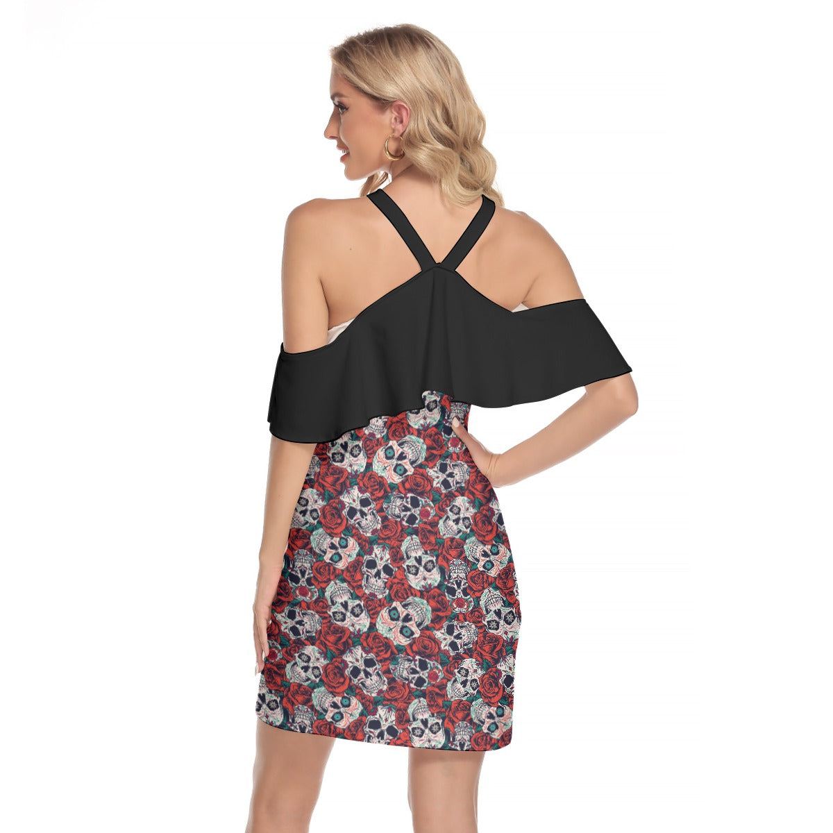 "Dia de Muertos in Roses" Women's Cold Shoulder Cami Dress With Ruffle