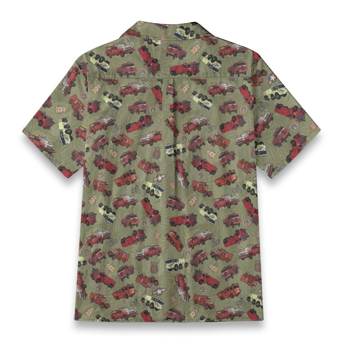 Hawaiian Shirt - "Vietnam Era Crash Trucks" - Olive Green 100% Cotton