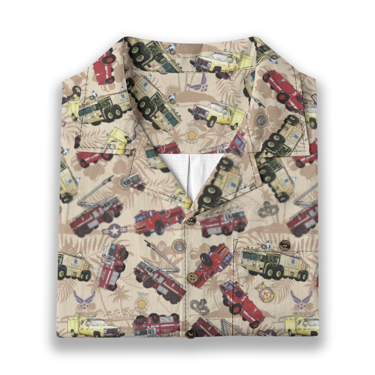 Hawaiian Shirt - "Chanute Era Crash Trucks" - Beige 100% Cotton