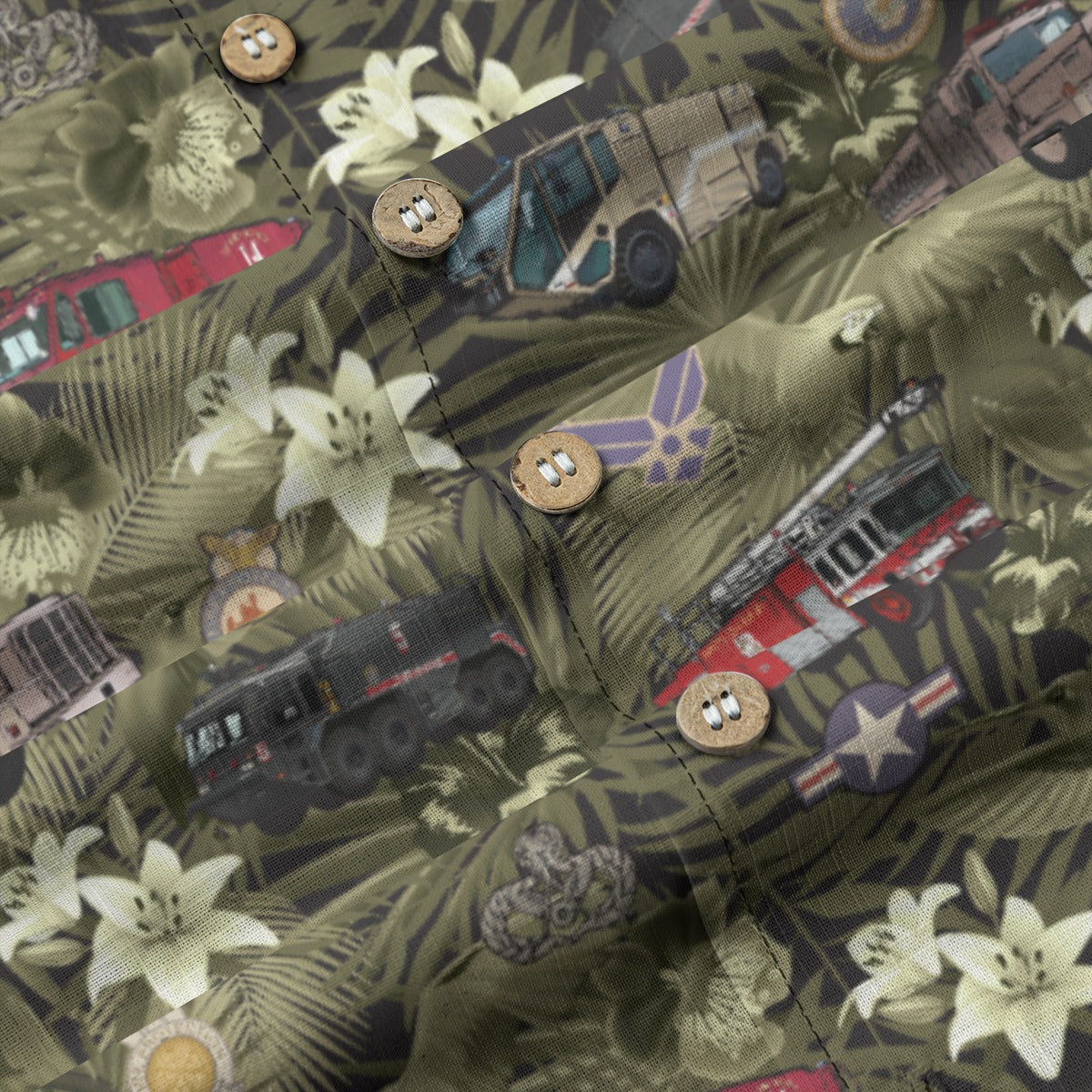 Hawaiian Shirt - "The Goodfellow Era ARFF Trucks" - Olive Green 100% Cotton