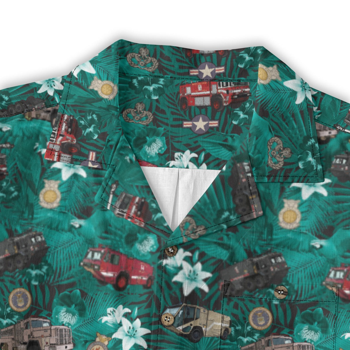 Hawaiian Shirt - "The Goodfellow Era ARFF Trucks" - Turquoise 100% Cotton