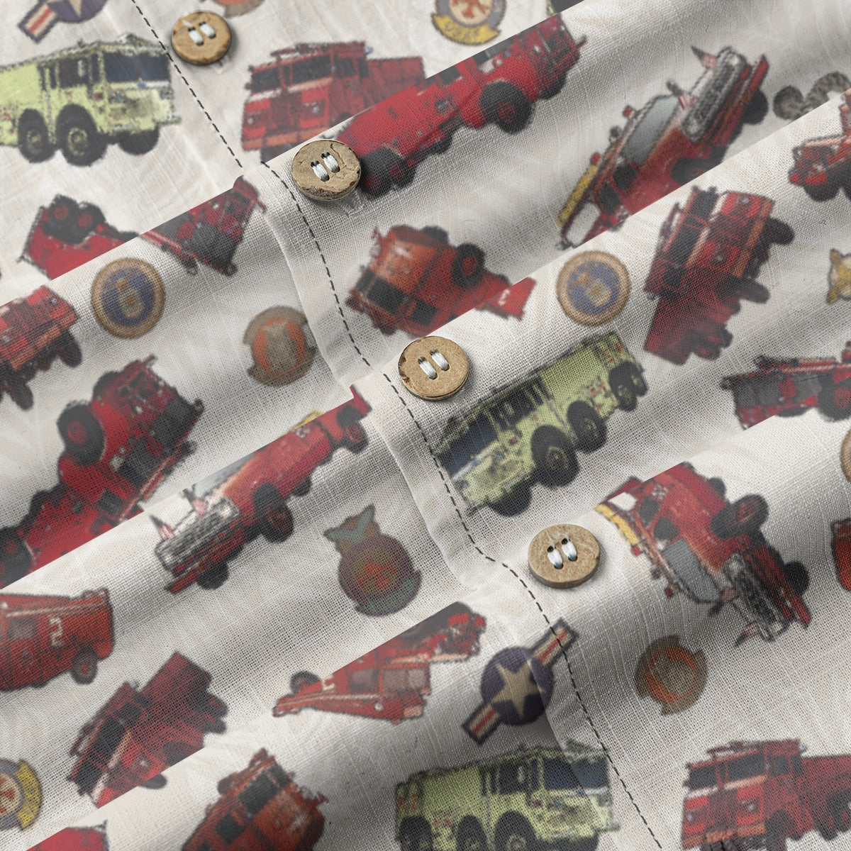 Hawaiian Shirt - "Vietnam Era Crash Trucks" - White 100% Cotton