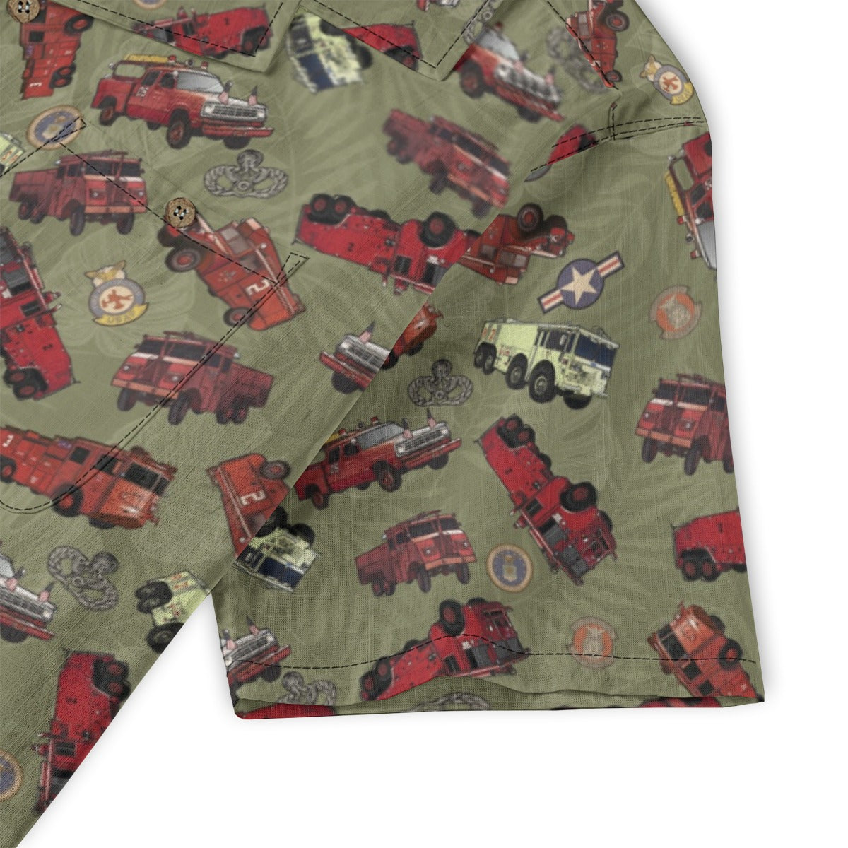 Hawaiian Shirt - "Vietnam Era Crash Trucks" - Olive Green 100% Cotton