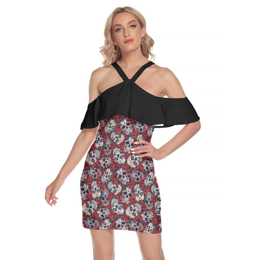 "Dia de Muertos in Roses" Women's Cold Shoulder Cami Dress With Ruffle