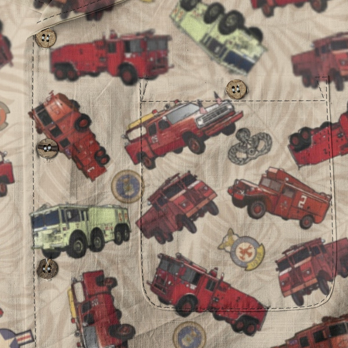 Hawaiian Shirt - "Vietnam Era Crash Trucks" - Beige 100% Cotton