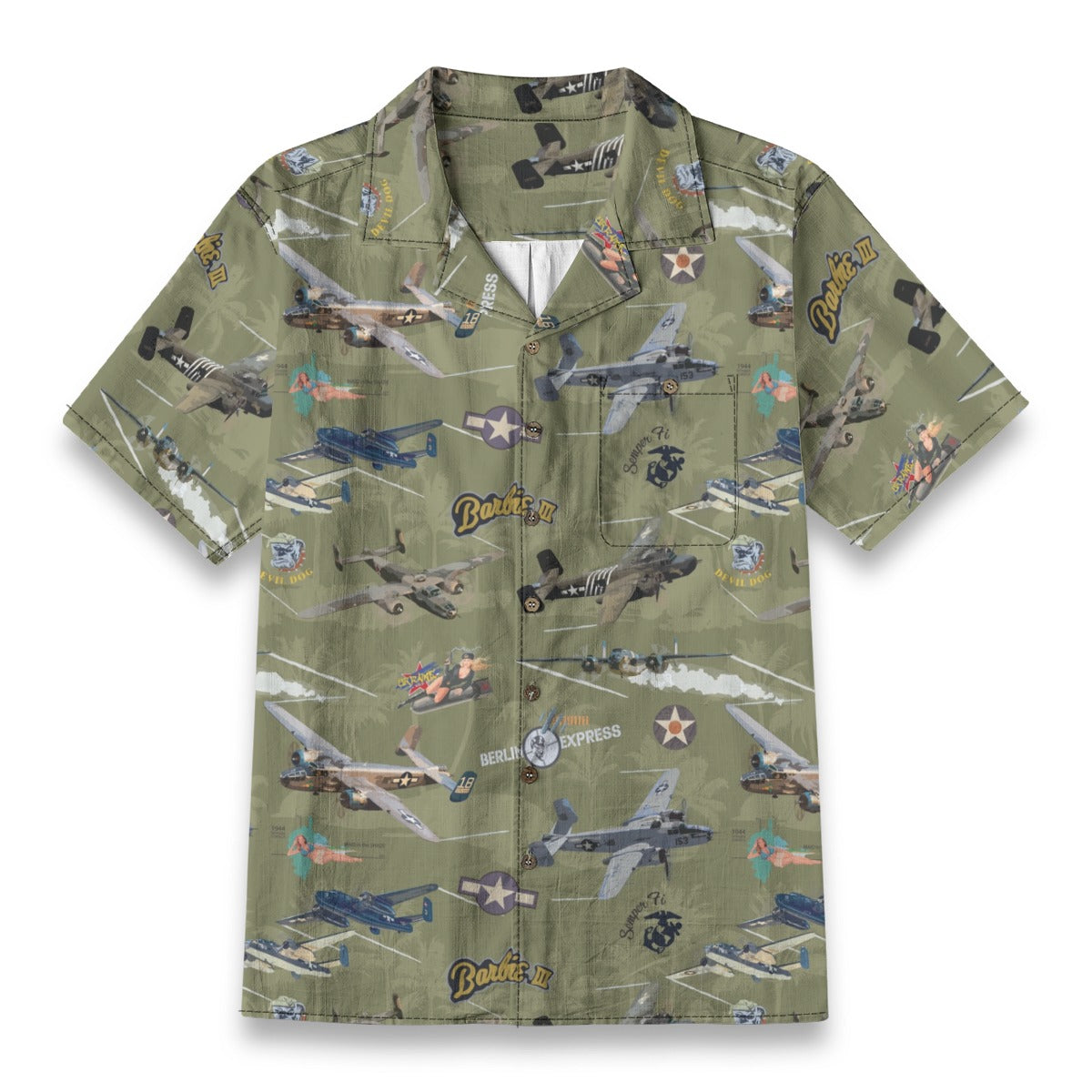 "B-25 Mitchell Tribute" Hawaiian Shirt 100%  Cotton - Olive