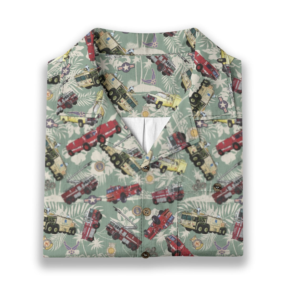 Hawaiian Shirt - "Chanute Era Crash Trucks" - Light Green 100% Cotton