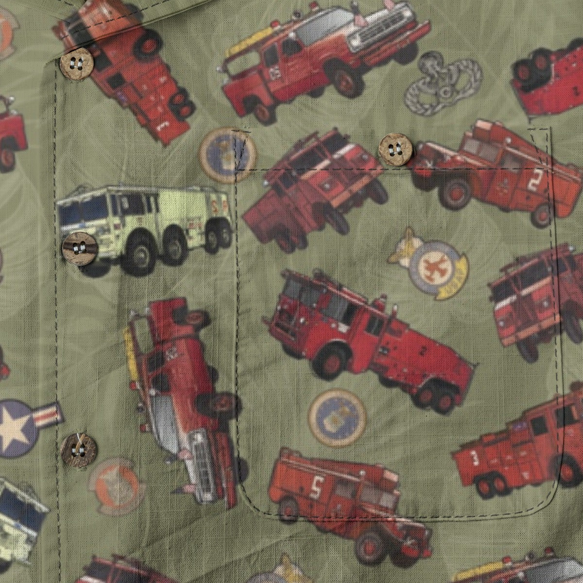 Hawaiian Shirt - "Vietnam Era Crash Trucks" - Olive Green 100% Cotton