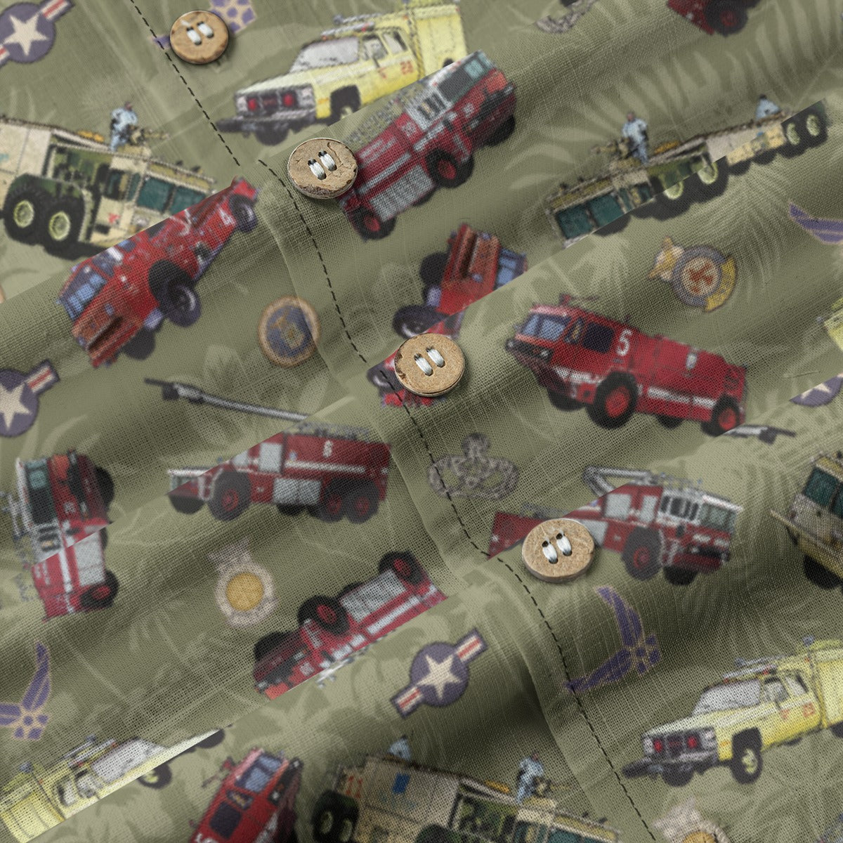 Hawaiian Shirt - "Chanute Era Crash Trucks" - Olive Green 100% Cotton