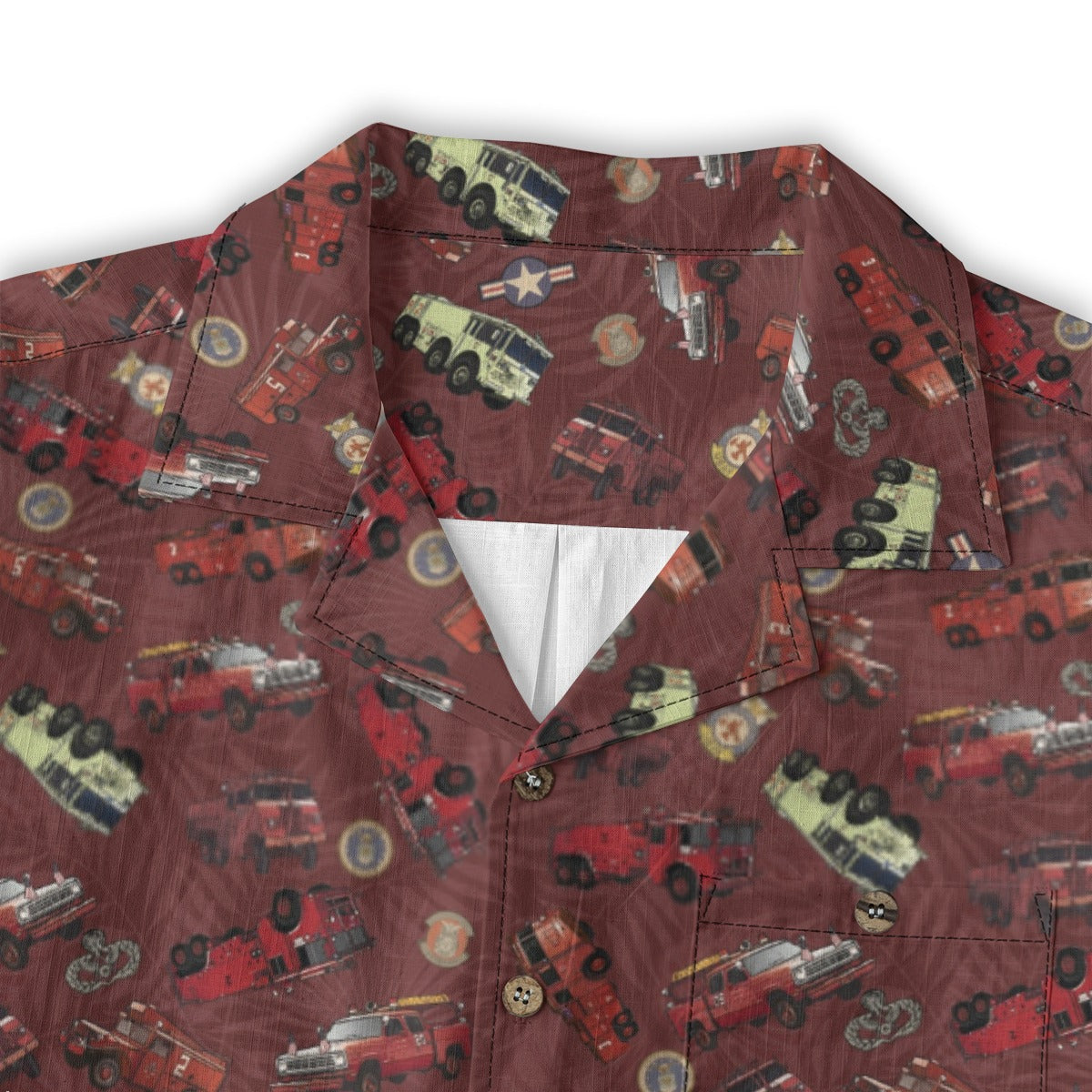 Hawaiian Shirt - "Vietnam Era Crash Trucks" - Red 100% Cotton