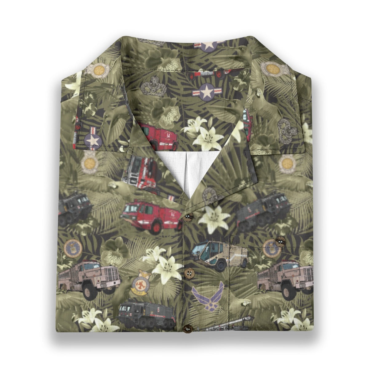 Hawaiian Shirt - "The Goodfellow Era ARFF Trucks" - Olive Green 100% Cotton