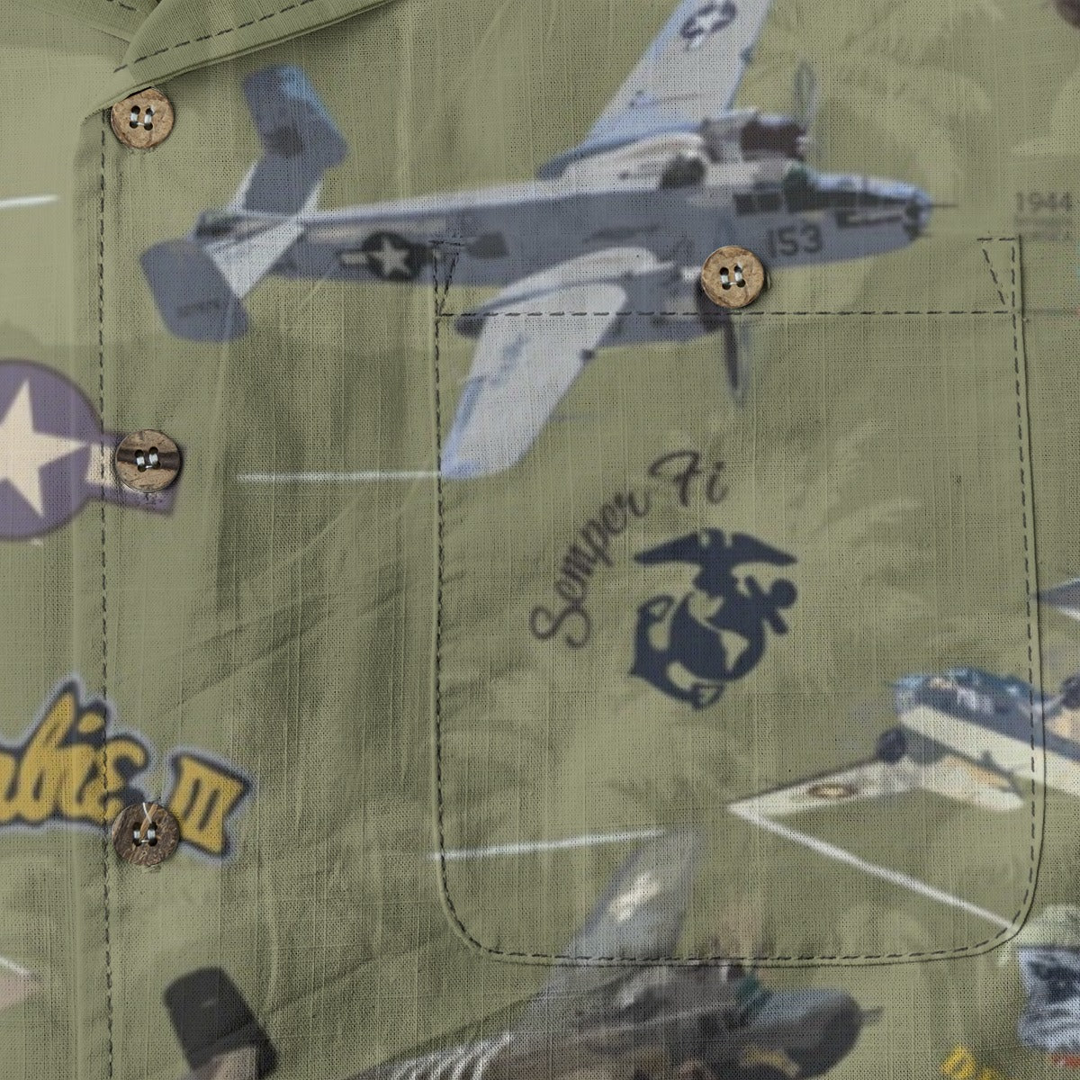 "B-25 Mitchell Tribute" Hawaiian Shirt 100%  Cotton - Olive