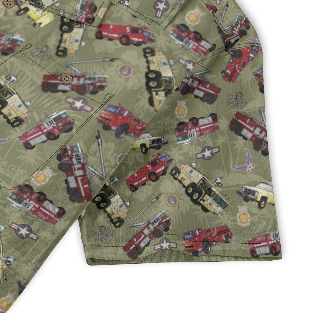 Hawaiian Shirt - "Chanute Era Crash Trucks" - Olive Green 100% Cotton