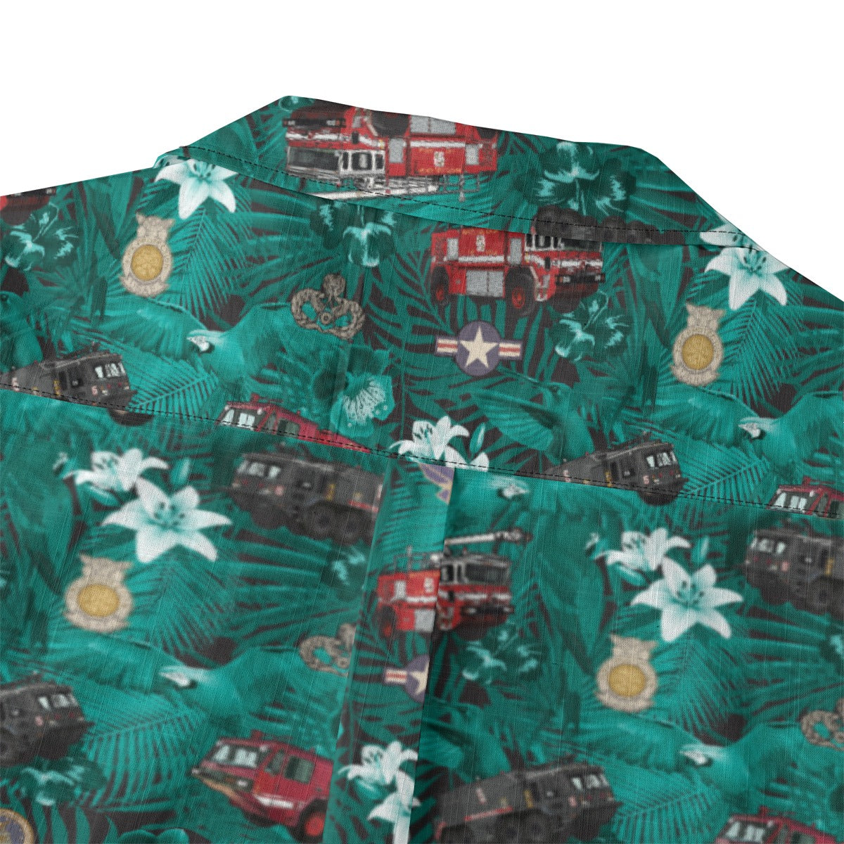 Hawaiian Shirt - "The Goodfellow Era ARFF Trucks" - Turquoise 100% Cotton