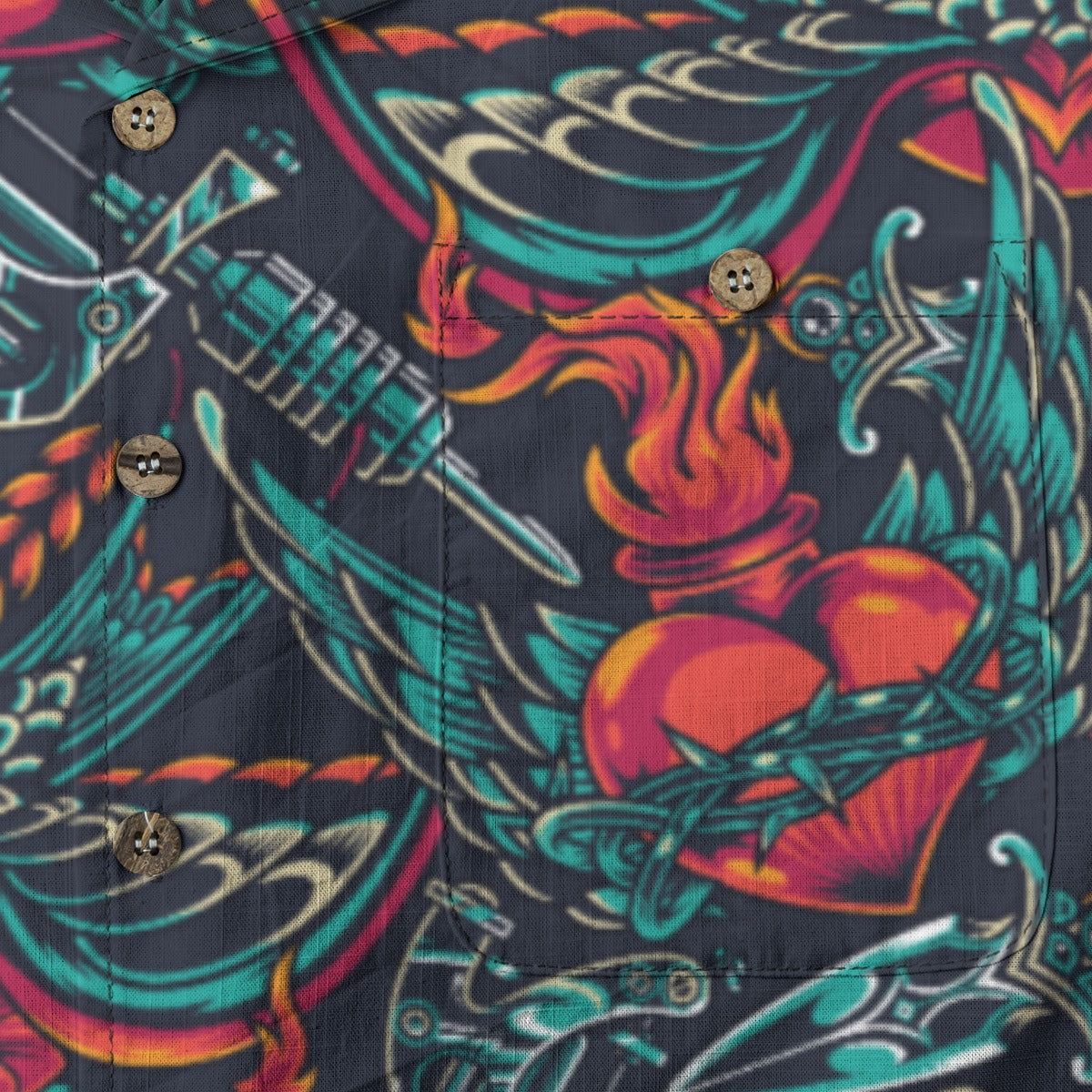 "Tattoos 'N Hearts" 100% Cotton Button-Up Shirt