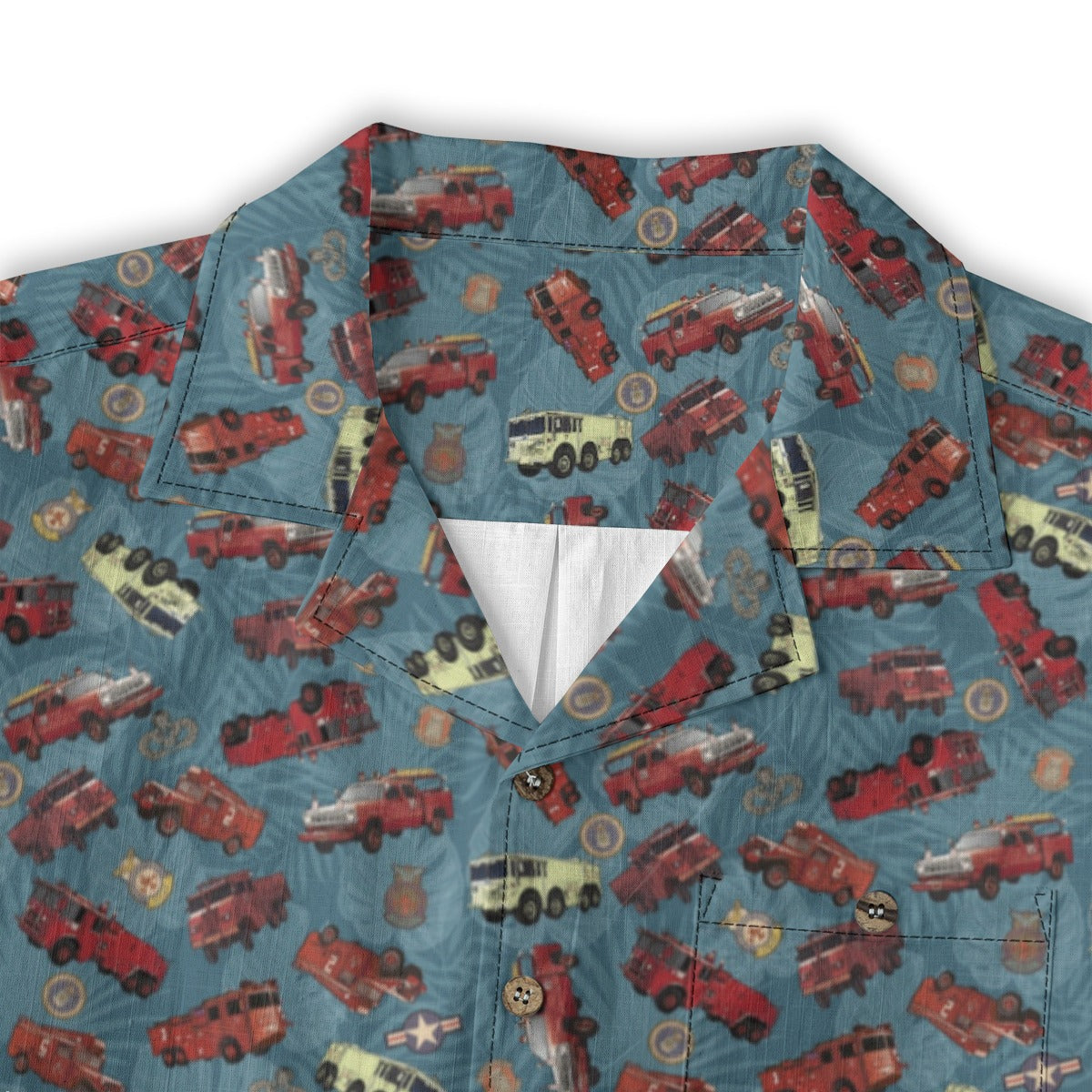 Hawaiian Shirt - "Vietnam Era Crash Trucks" - Light Blue 100% Cotton