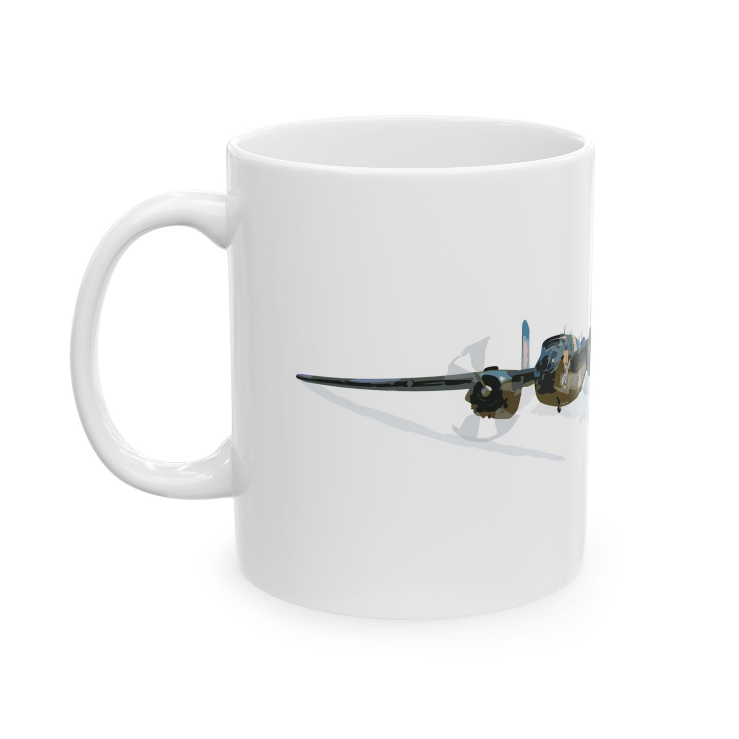 Classic beige ceramic mug featuring detailed "Berlin Express" B-25 nose art imagery, ideal for collectors and history buffs, comes in 11oz and 15oz sizes.