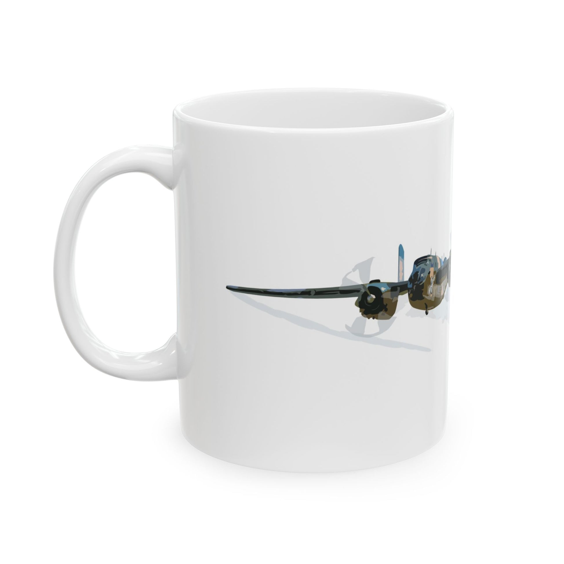 Classic beige ceramic mug featuring detailed "Berlin Express" B-25 nose art imagery, ideal for collectors and history buffs, comes in 11oz and 15oz sizes.
