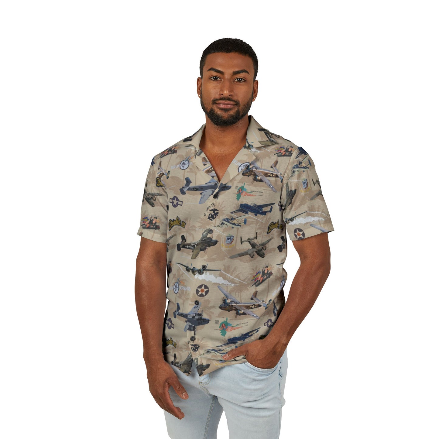 Men's Hawaiian Camp Shirt - Vintage Airplane Print, Perfect for Beach Days & Summer Gatherings