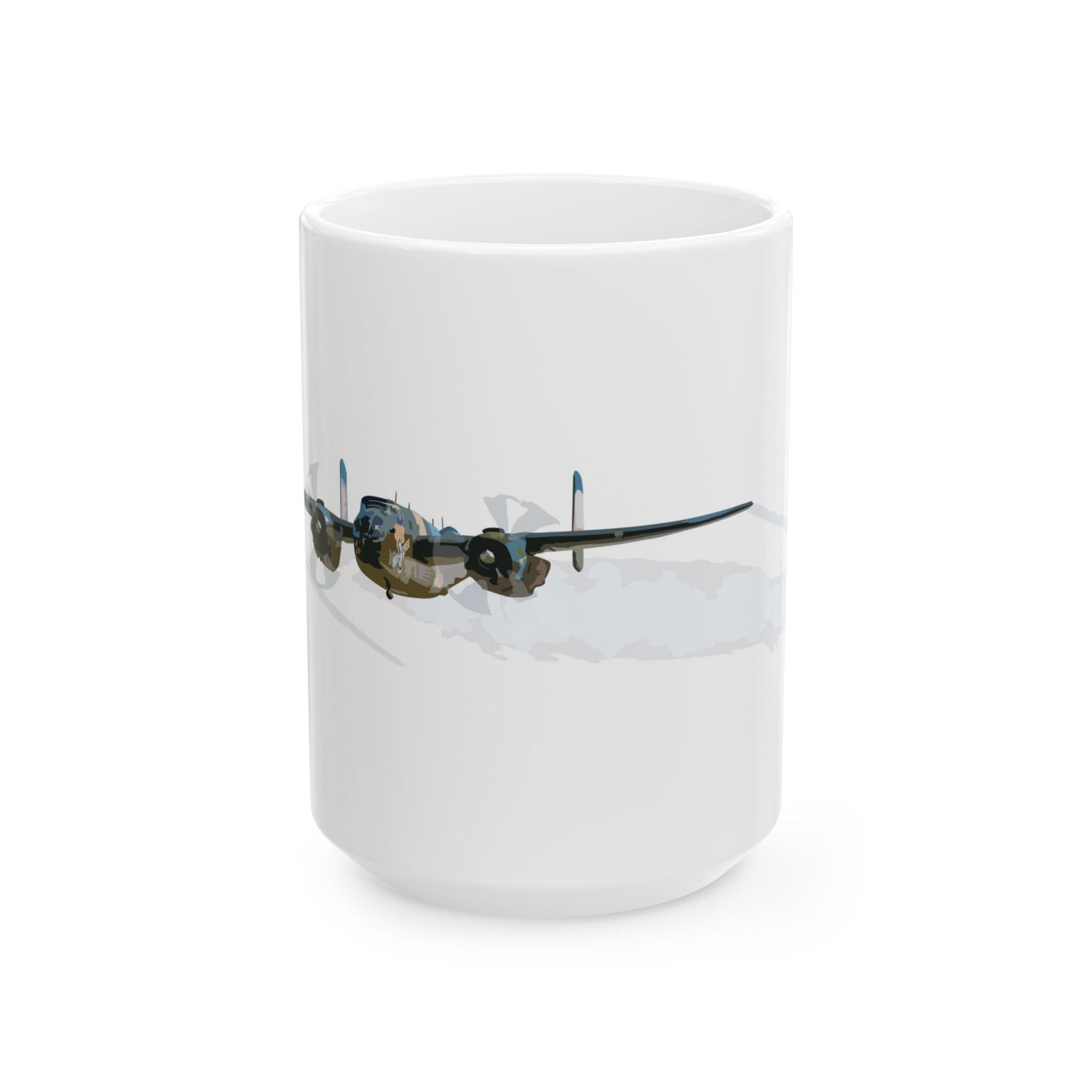 Durable beige ceramic coffee mug showcasing vintage "Berlin Express" B-25 bomber nose art, offered in two sizes: 11oz and 15oz, perfect for aviation enthusiasts.