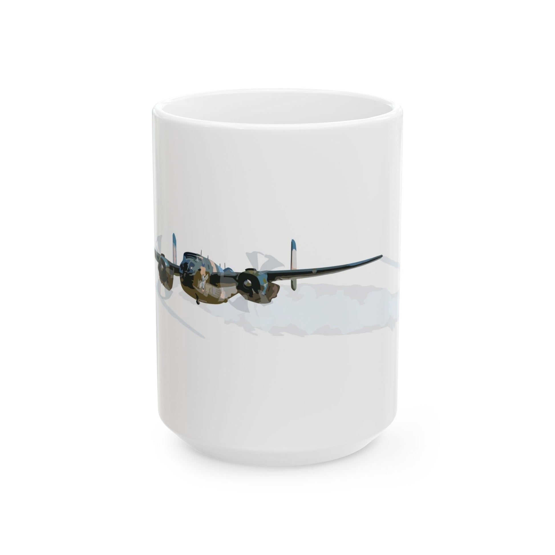 Durable beige ceramic coffee mug showcasing vintage "Berlin Express" B-25 bomber nose art, offered in two sizes: 11oz and 15oz, perfect for aviation enthusiasts.