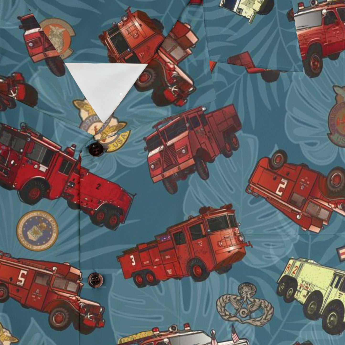 Hawaiian Shirt - "Vietnam Era Crash Trucks" - Light Blue in Cotton - Island Vibes For Life