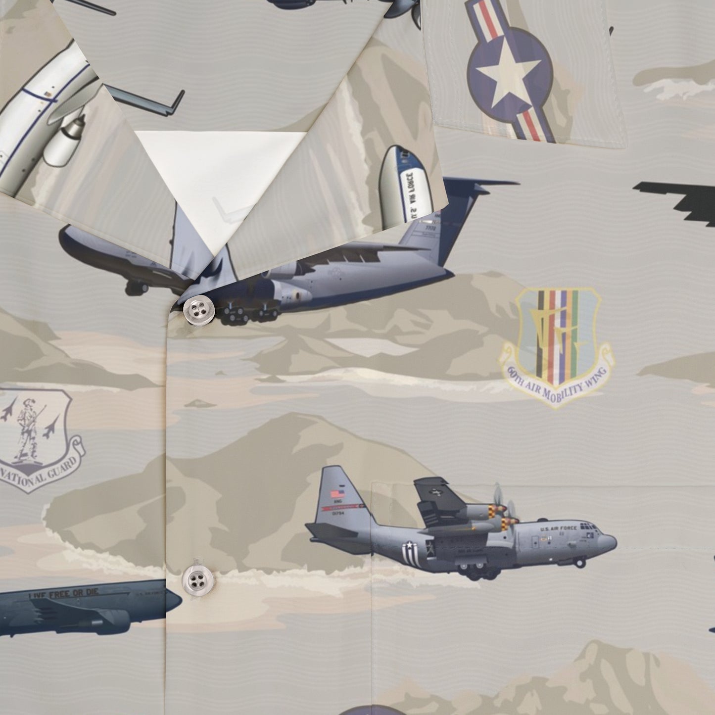 Beige polyester tribute piece featuring designs inspired by the U.S. Air Force's heavy aircraft, ideal for collectors of military aviation memorabilia.