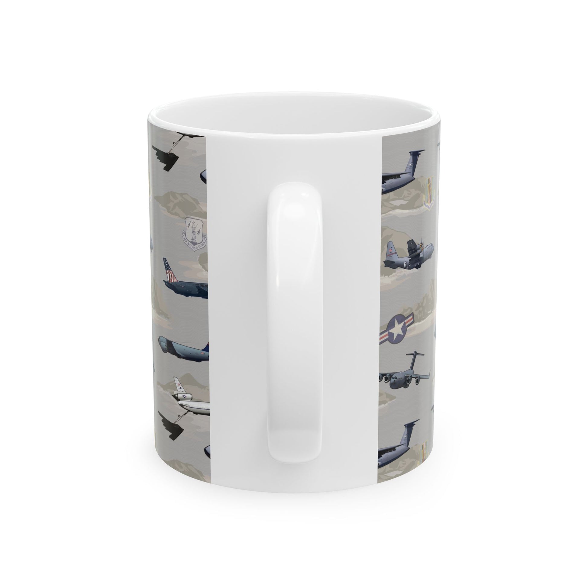 Glossy beige ceramic mug adorned with the AMC Tribute design, microwave and dishwasher safe, available in 11oz and 15oz capacities.