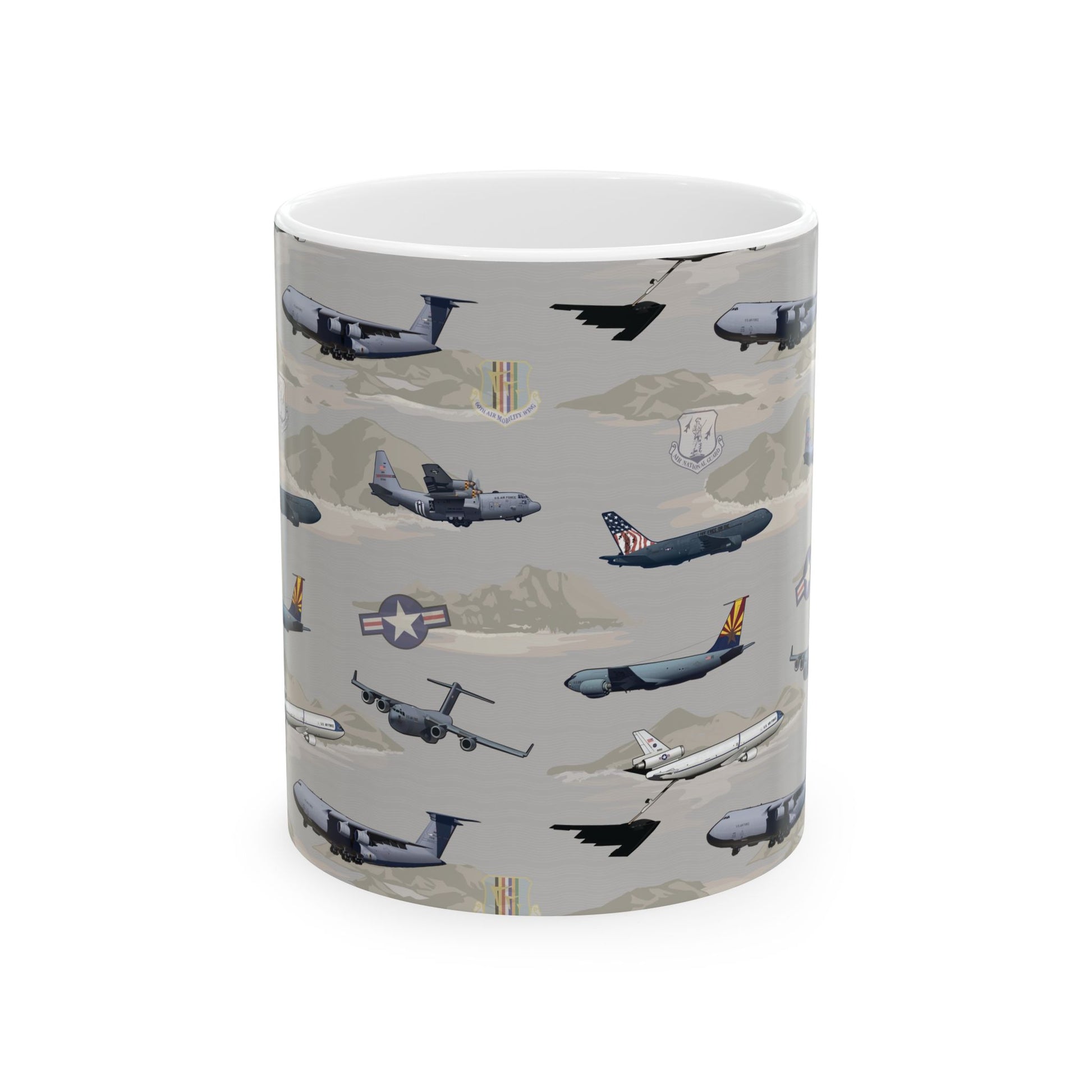 Beige ceramic mug featuring the AMC Tribute design, available in 11oz and 15oz sizes, with a glossy finish and comfortable C-handle.