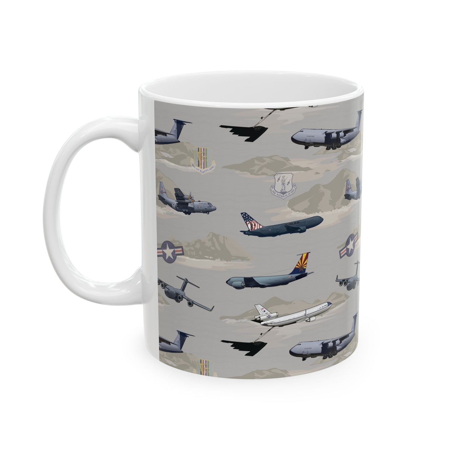 Classic beige ceramic mug featuring the AMC Tribute design, ideal for collectors and fans, comes in 11oz and 15oz sizes.