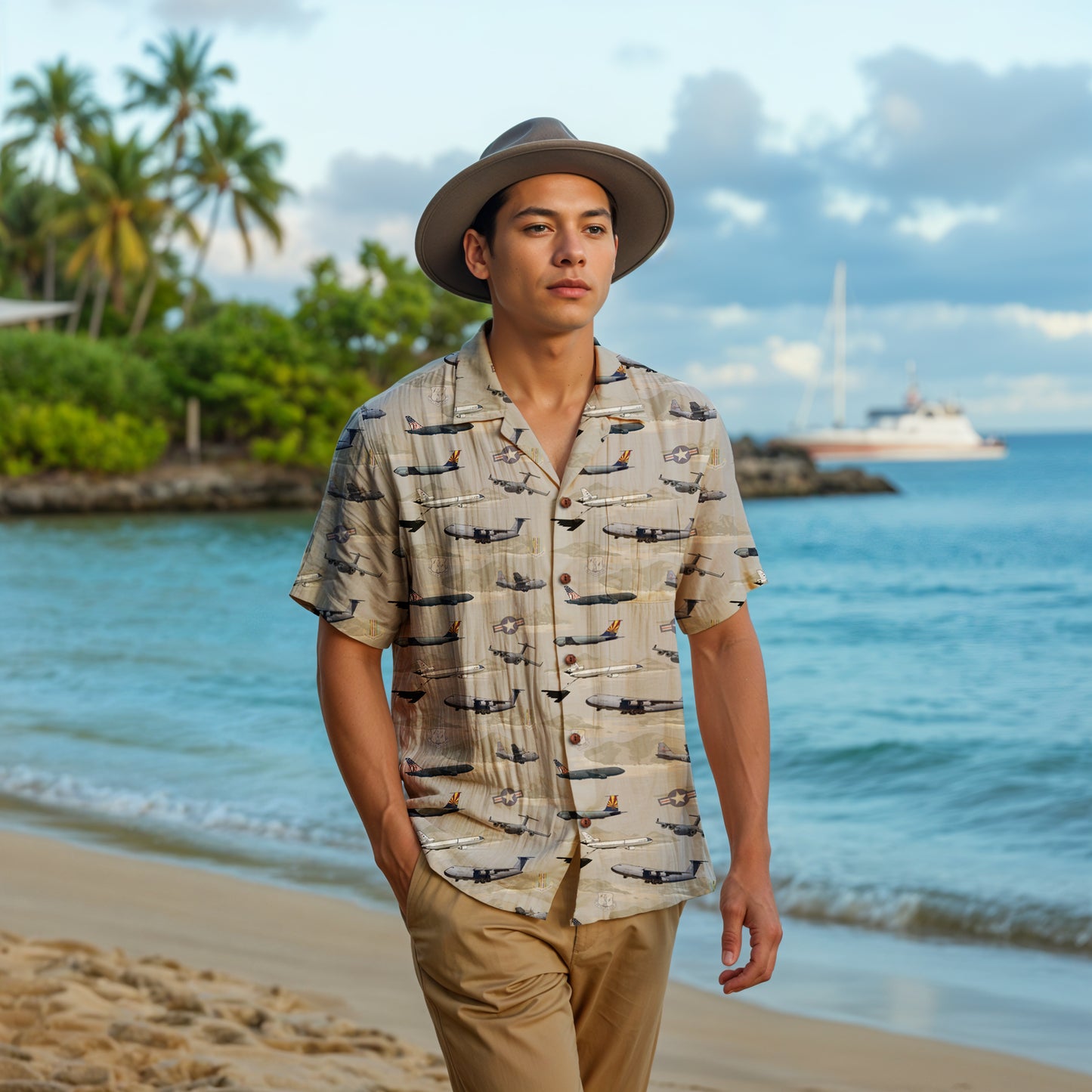 "Air Mobility Command " Tribute Hawaiian Shirt, Beige 100% Cotton!