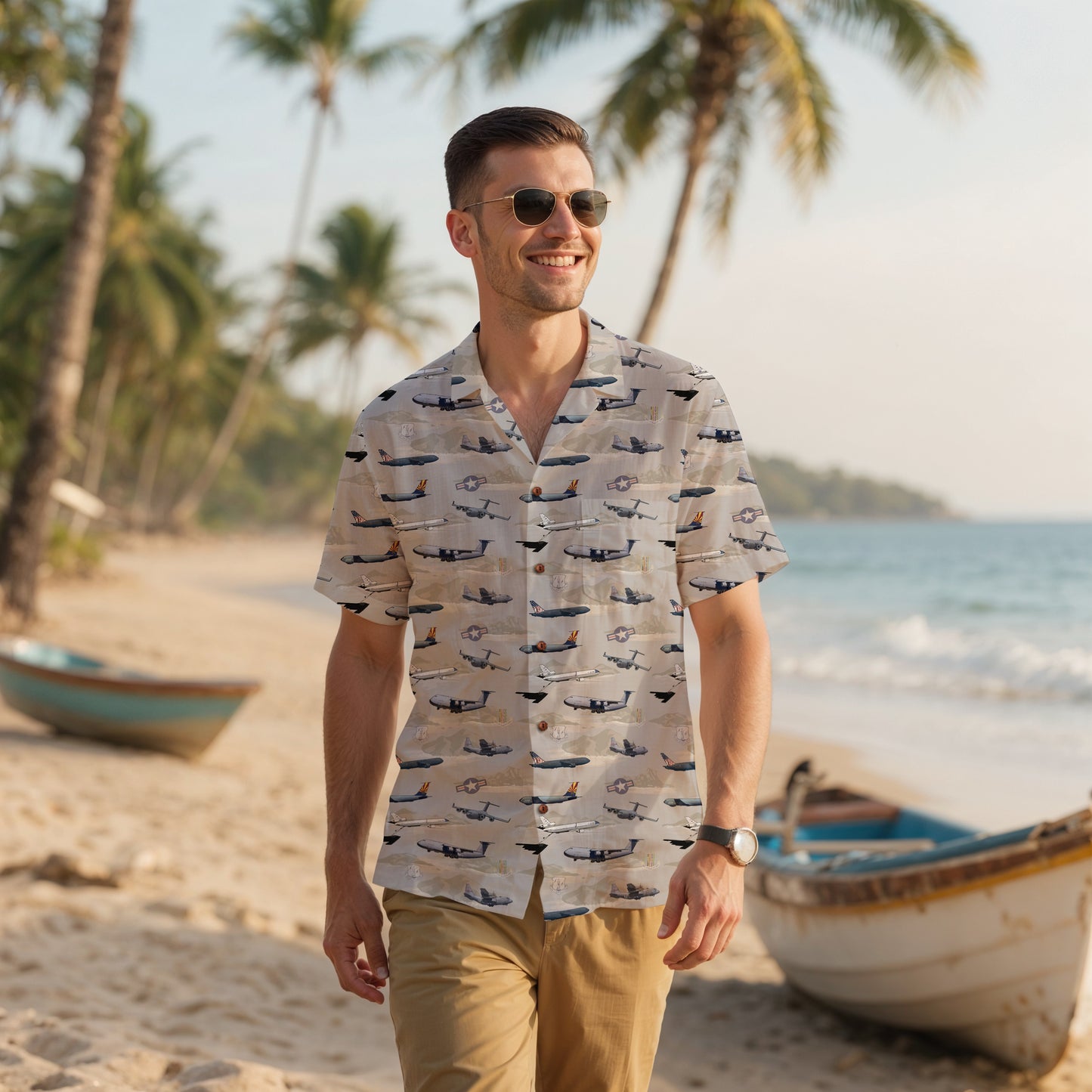 "Air Mobility Command " Tribute Hawaiian Shirt, Beige 100% Cotton!