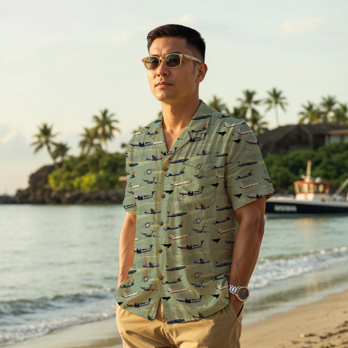 "Air Mobility Command " Tribute Hawaiian Shirt, Green 100% Cotton!