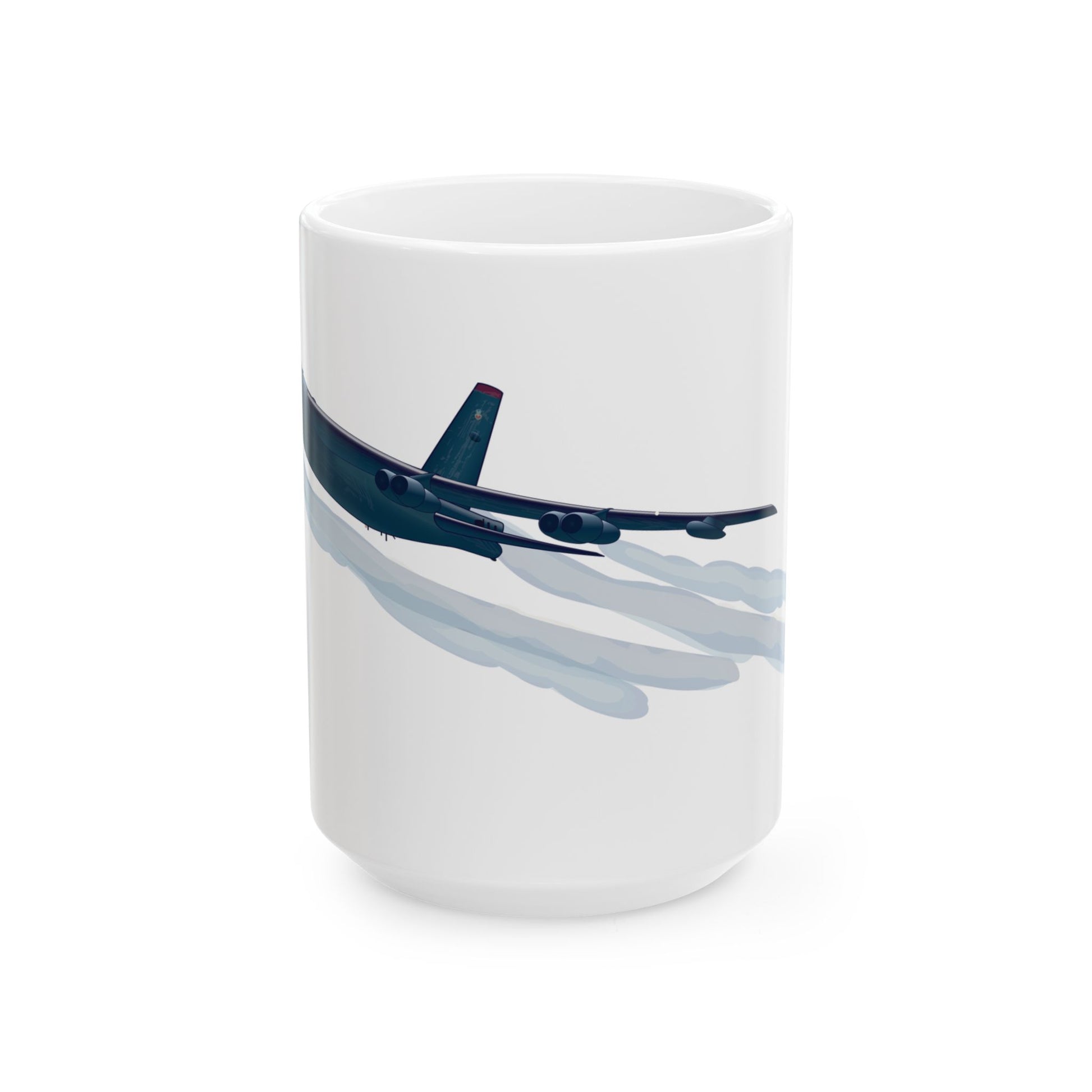 Durable white ceramic coffee mug showcasing imagery of the B-52 Stratofortress, perfect for aviation enthusiasts, available in two sizes.