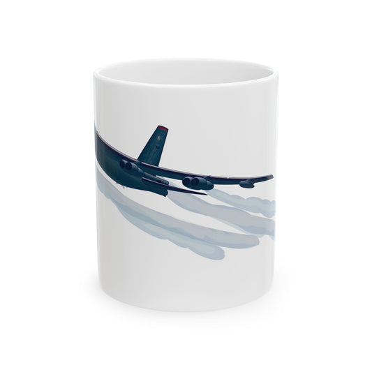 White ceramic mug featuring a design honoring the B-52 Stratofortress, available in 11oz and 15oz sizes, microwave and dishwasher safe.