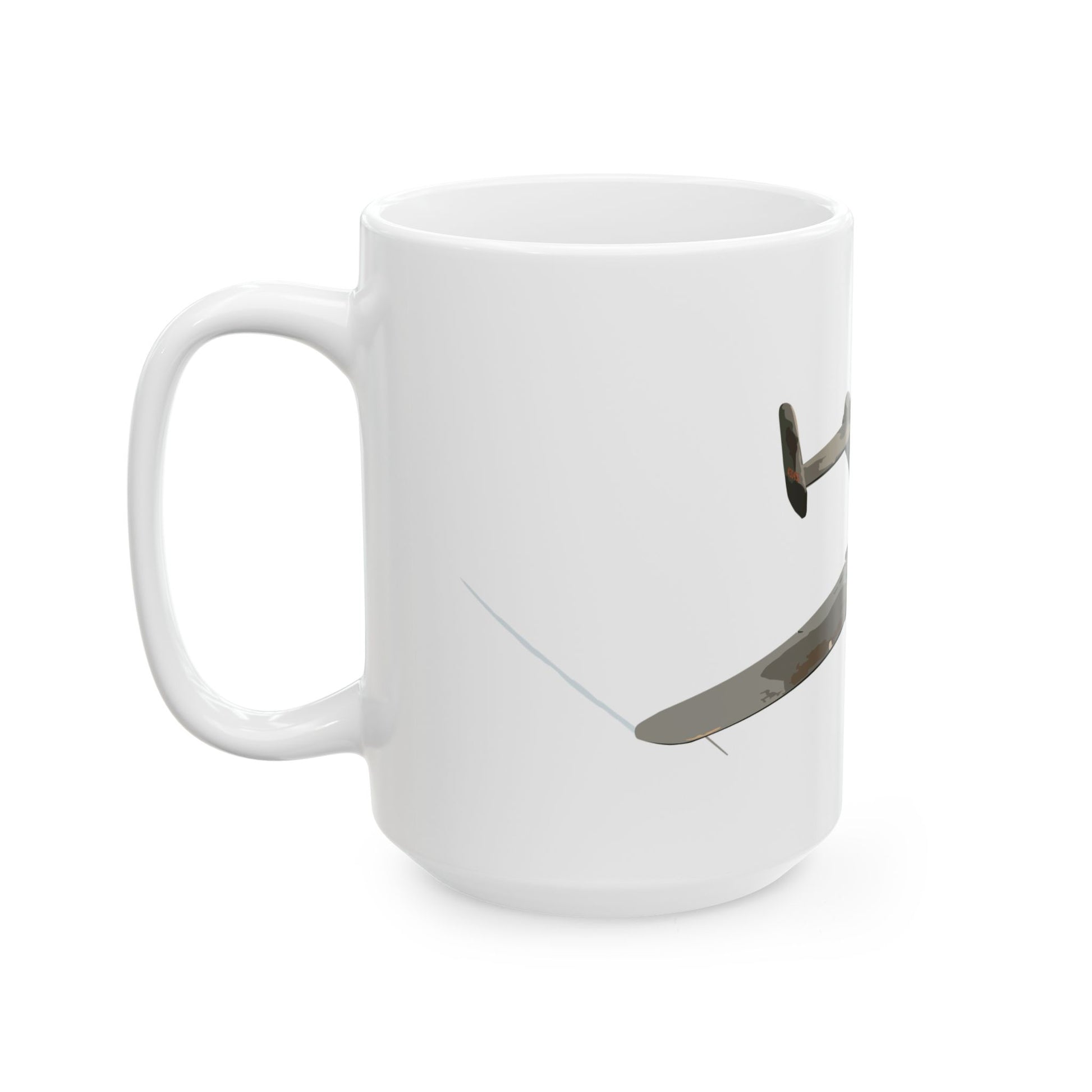 Aviation-inspired ceramic coffee mug with detailed "Russian to Get Ya" B-25 artwork, ideal for those passionate about World War II history.