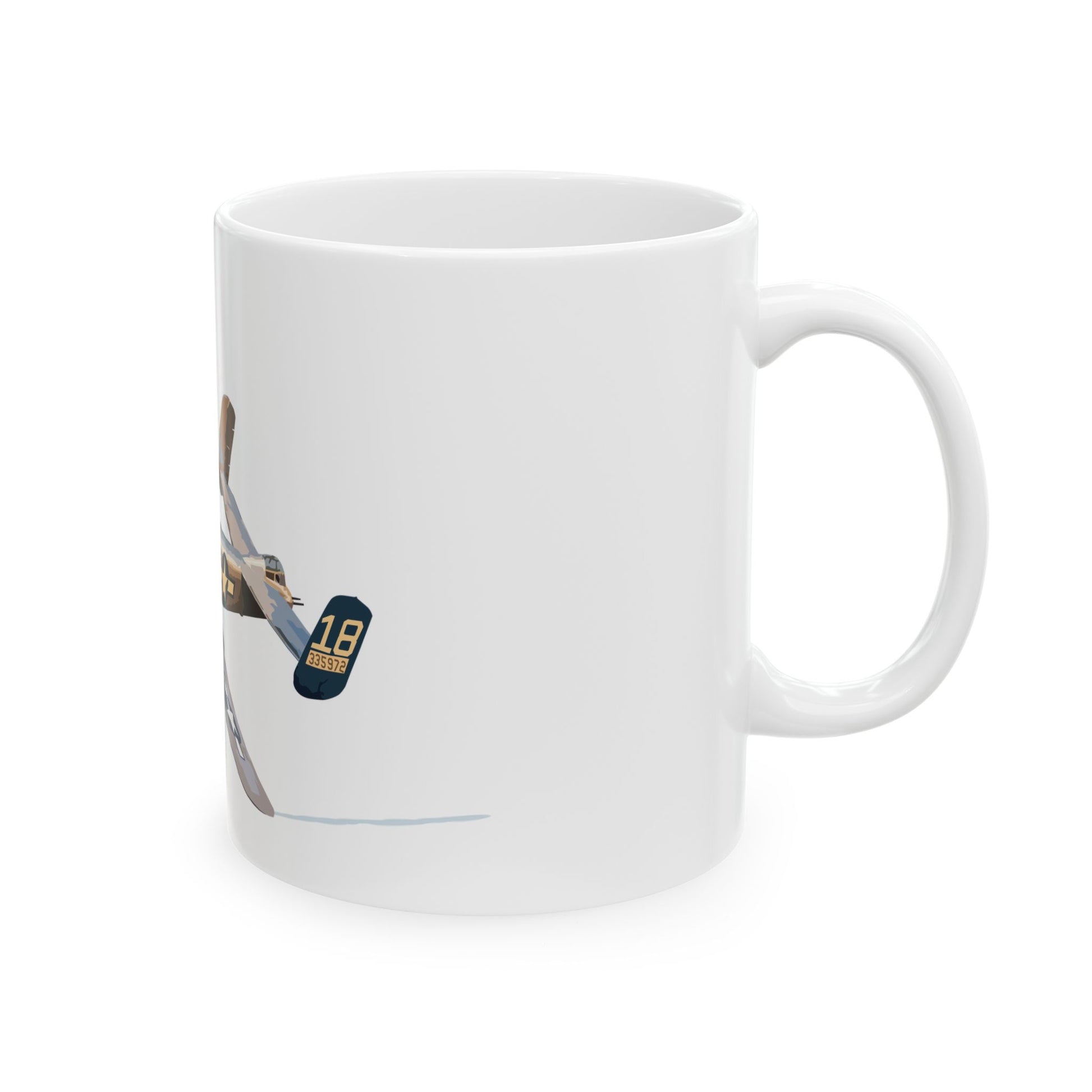 Aviation-themed ceramic mug featuring the iconic "Maid in the Shade" B-25 bomber nose art, perfect for military history buffs and aviation enthusiasts.