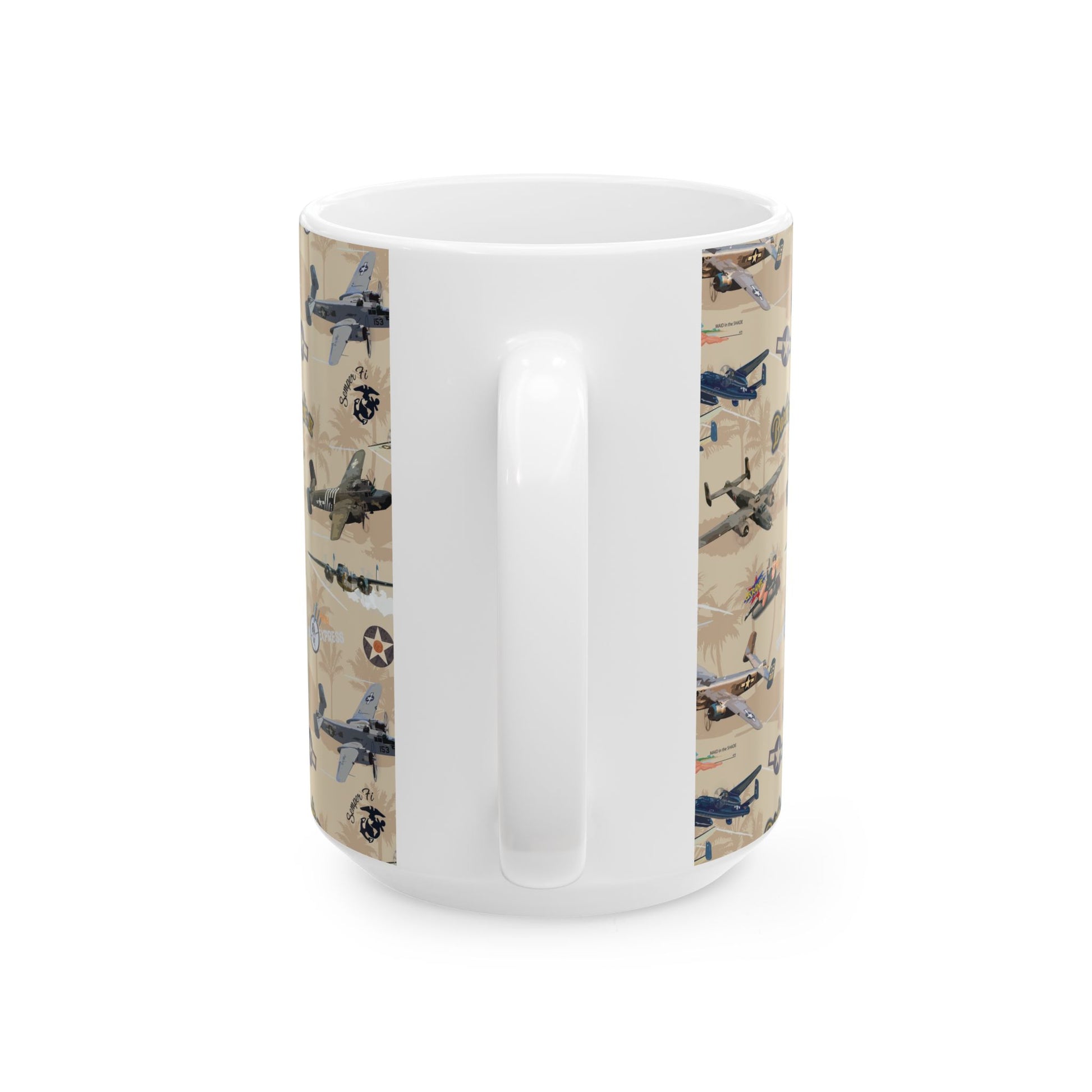 Aviation-themed white ceramic mug with striking B-25 "Russian to Get Ya" nose art, perfect for military history enthusiasts.