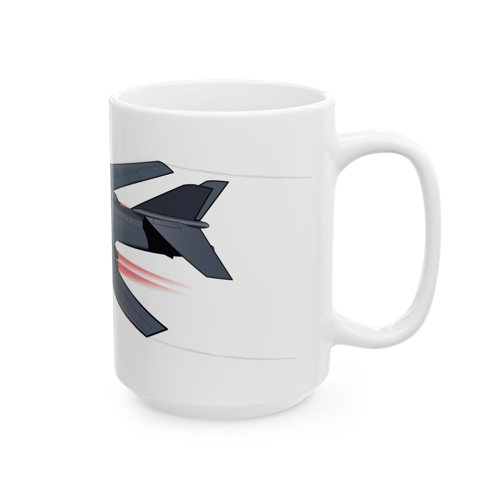 White ceramic coffee mug with a striking illustration of the B-1B Lancer bomber, available in two sizes: 11oz and 15oz, microwave and dishwasher safe.