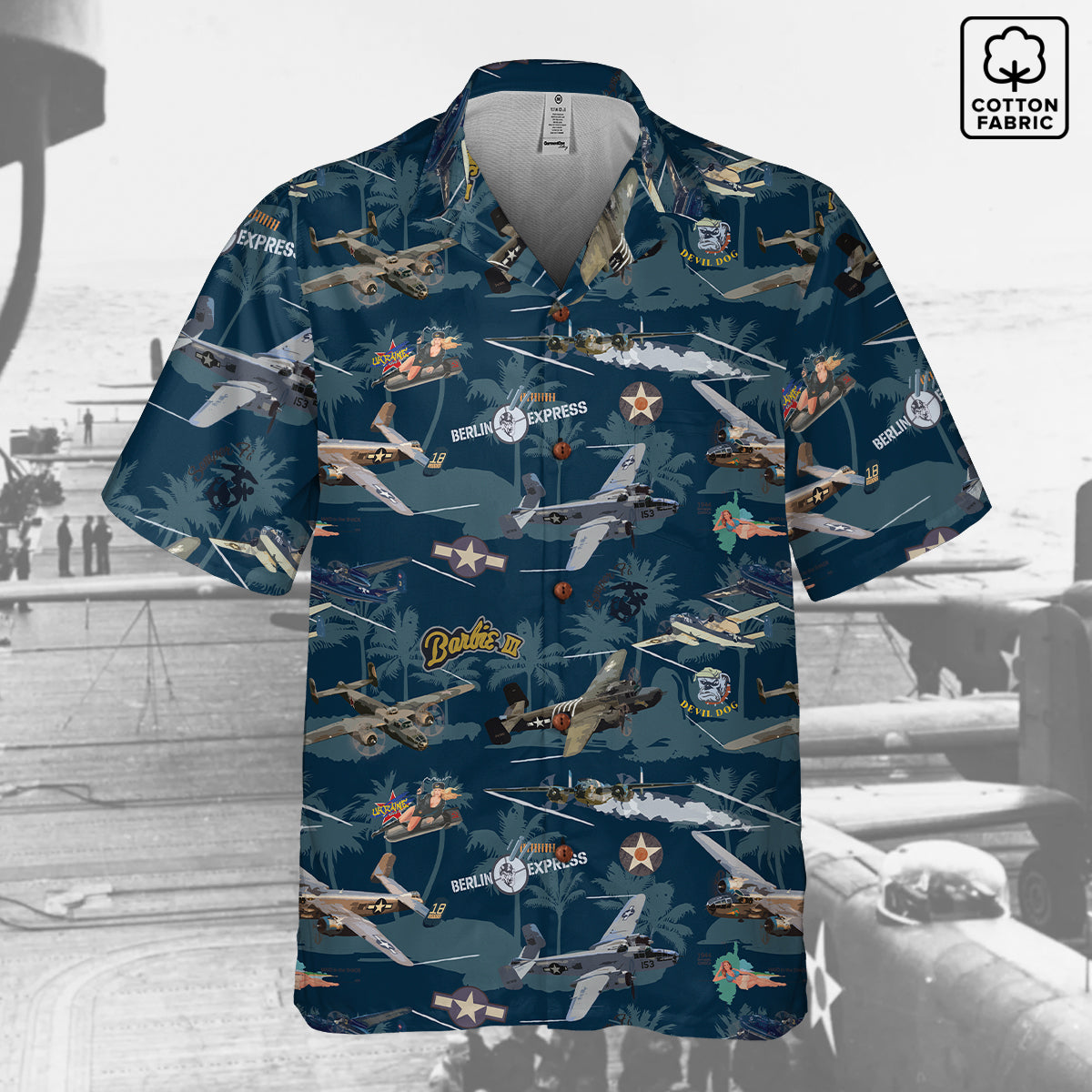 "B-25 Mitchell Tribute" Hawaiian Shirt 100%  Cotton - Blue