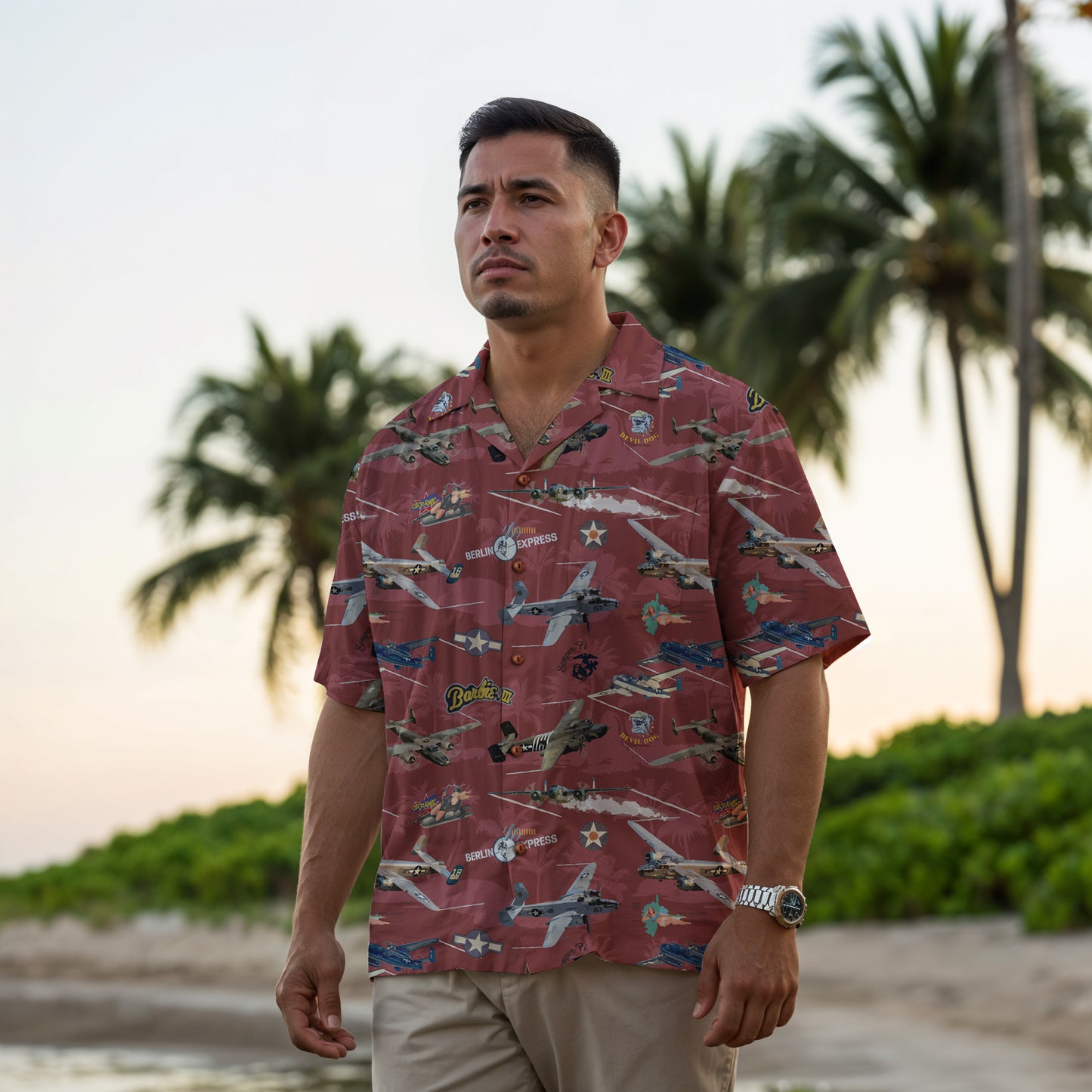 "B-25 Mitchell Tribute" Hawaiian Shirt 100%  Cotton - Red
