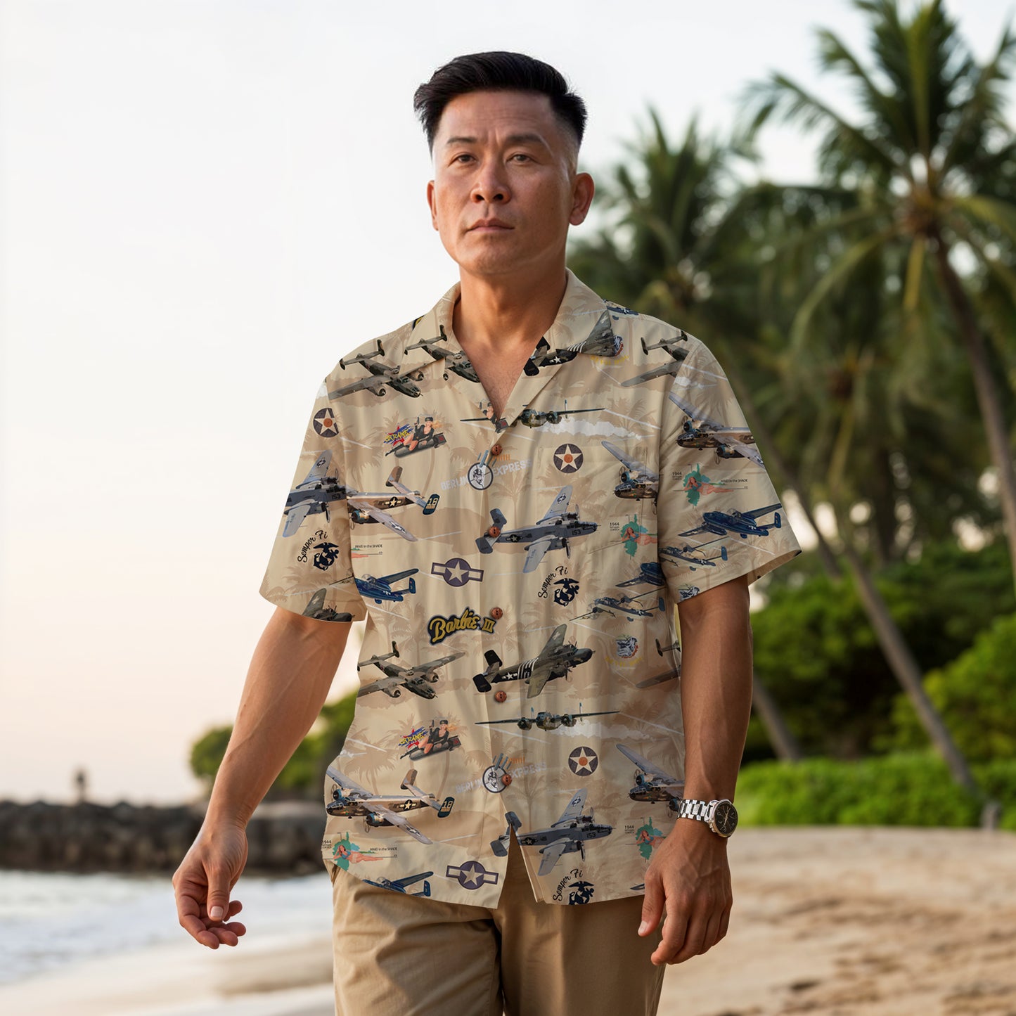 "B-25 Mitchell Tribute" Hawaiian Shirt 100%  Cotton - Cream