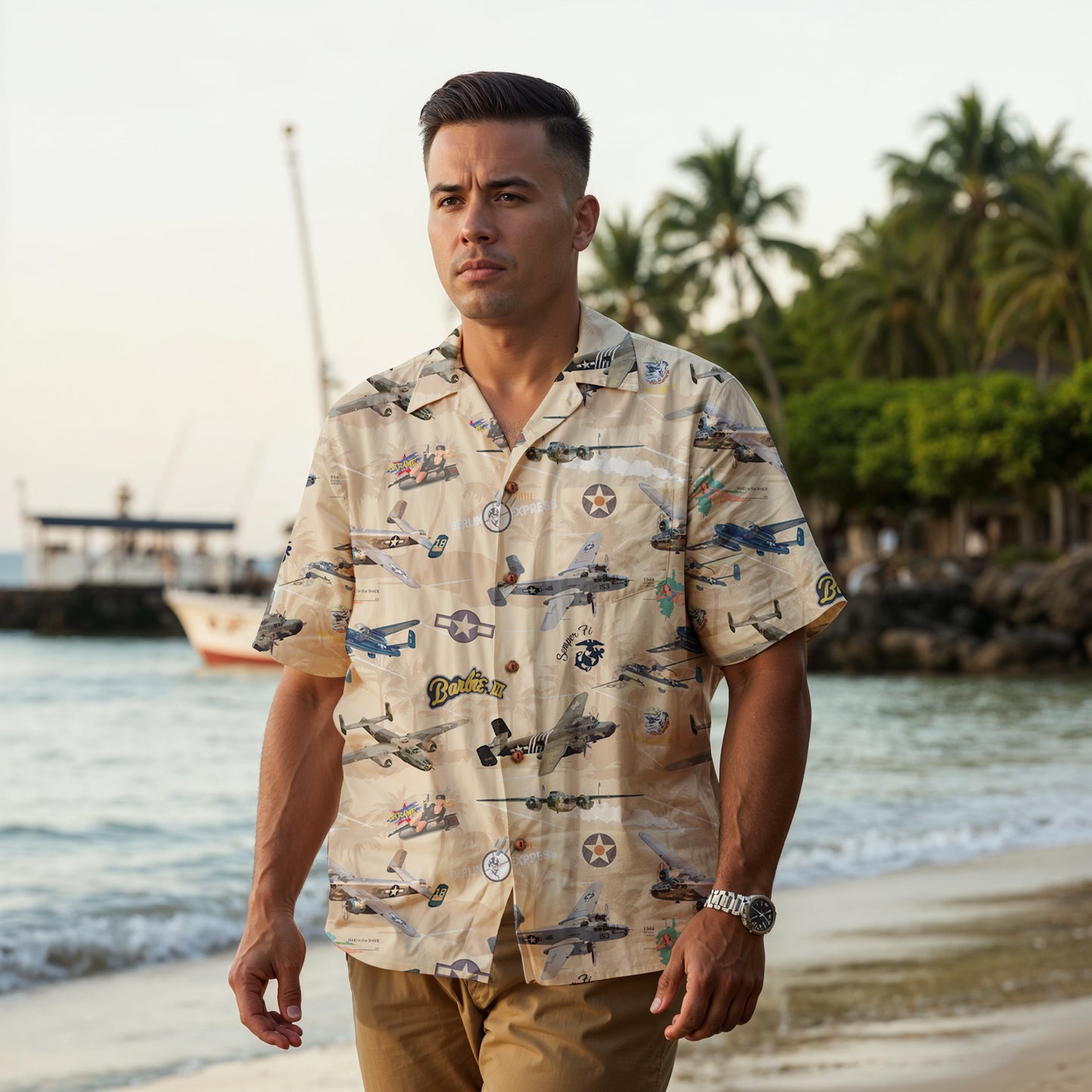 "B-25 Mitchell Tribute" Hawaiian Shirt 100%  Cotton - Cream