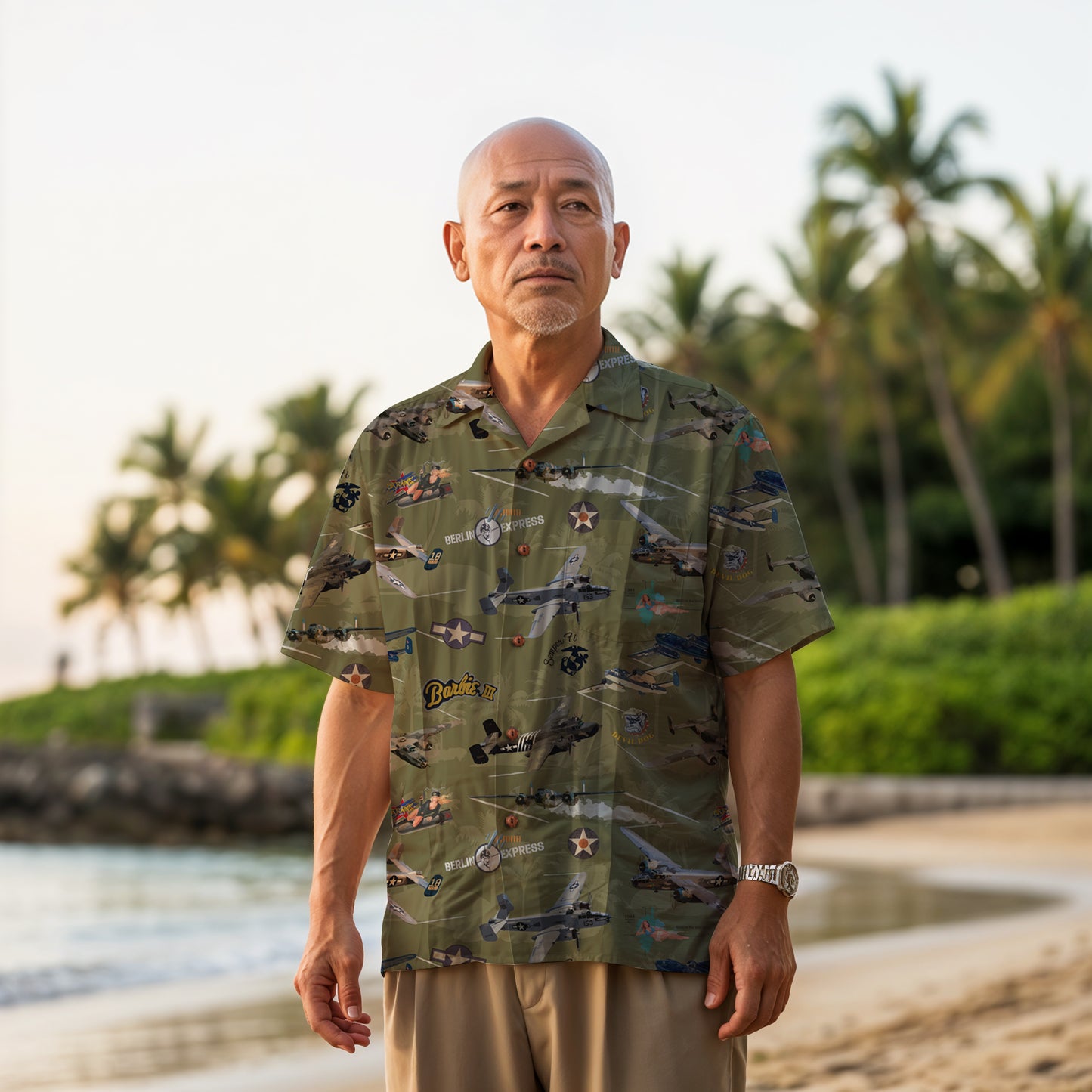 "B-25 Mitchell Tribute" Hawaiian Shirt 100%  Cotton - Olive