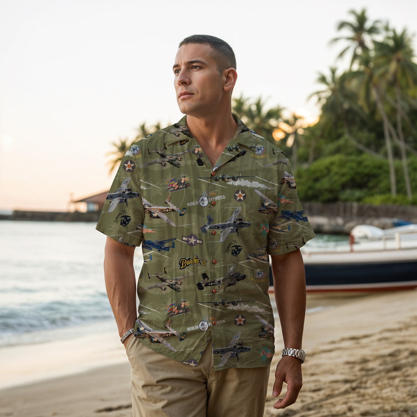 "B-25 Mitchell Tribute" Hawaiian Shirt 100%  Cotton - Olive