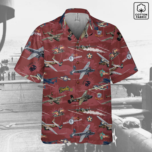 "B-25 Mitchell Tribute" Hawaiian Shirt 100%  Cotton - Red