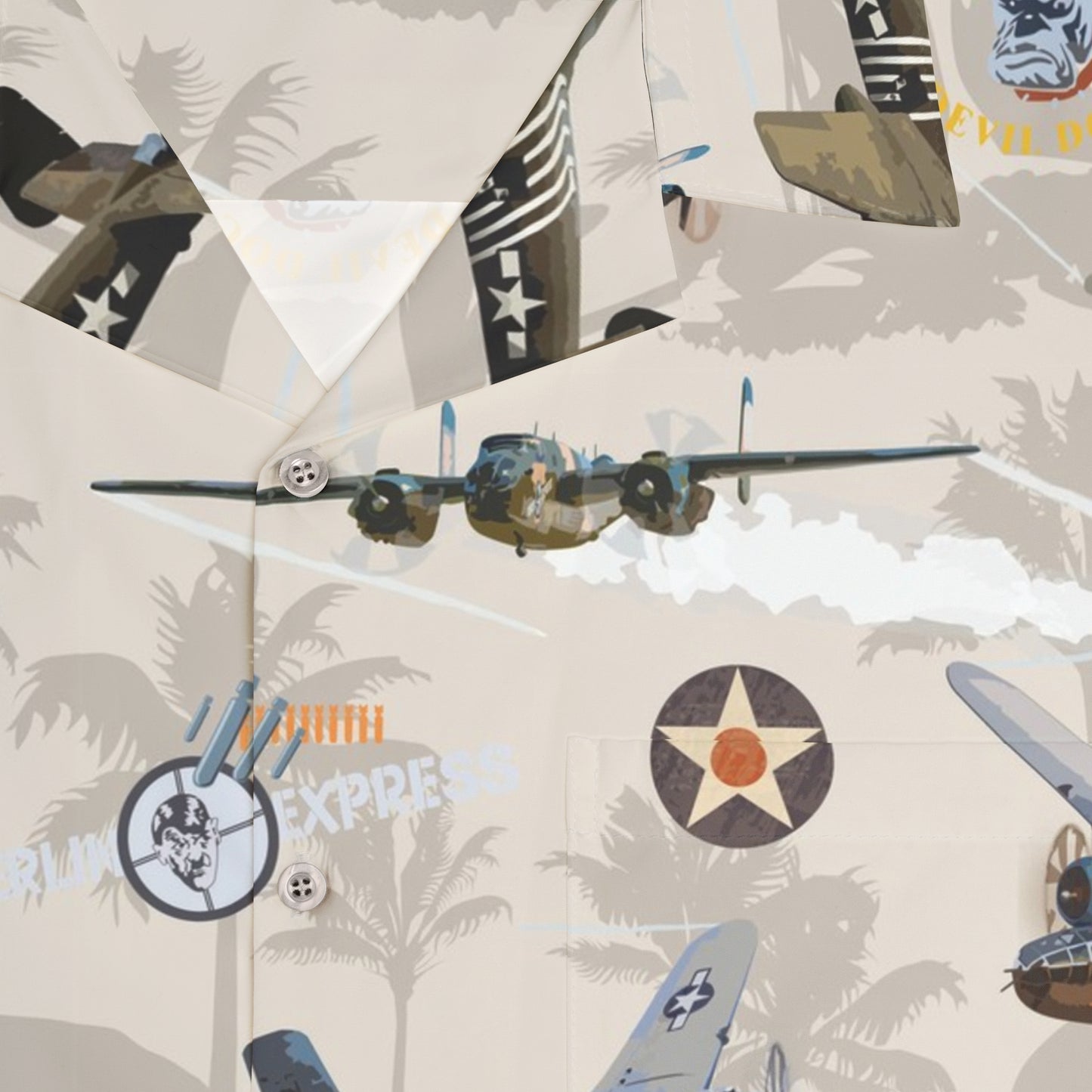 Cotton white B-25 Mitchell Hawaiian shirt, honoring aviation history with bomber aircraft graphics