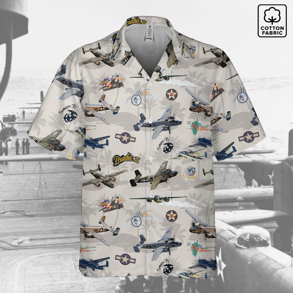 B-25 Mitchell Tribute Hawaiian Shirt in white cotton, featuring World War II bomber aircraft design